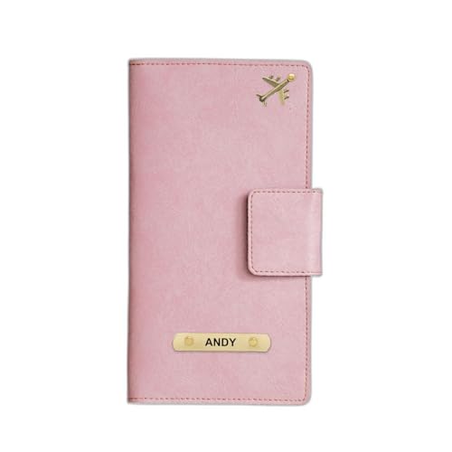 Image of Customized Travel Wallet with Name Engrave | Personalised Passport Holder for Women | Customised Passport Cover for Men and Women | Travel Organizer Gift Wallet (Pink)