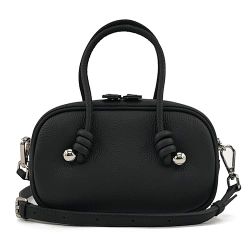 Esimileeya Black Mini Genuine Leather Purses for Women Trendy with Top Handle Pure Color Casual Shoulder Handbags Womens Crossbody Purse Small Leather Crossbody Bags for Women