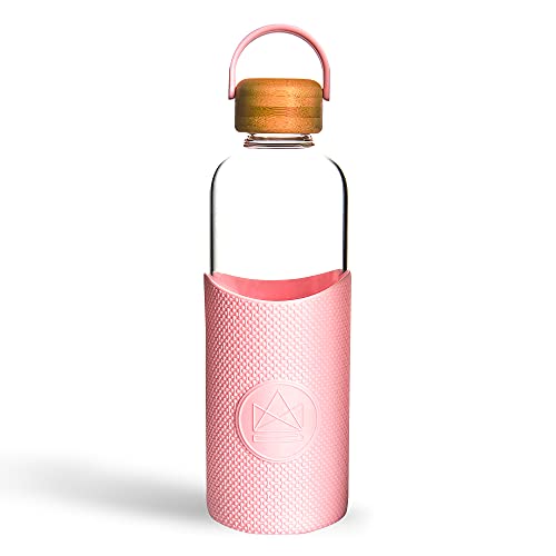 Neon Kactus Glass Water Bottle | Clear Water Bottle with Bamboo Lid and Silicone Sleeve | Reusable Glass Bottle for Hot & Cold Drinks | Leakproof, Non-Permeable, Non-Slip | Pink Flamingo, 1000ml