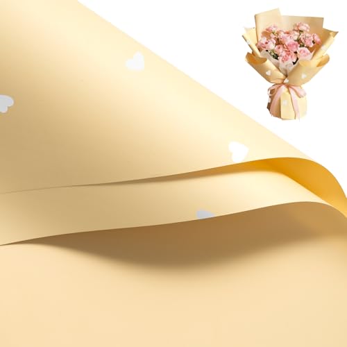 WRAPAHOLIC 20 Sheets Flower Wrapping Paper - 22.4 x 22.4 inch Cream Yellow and Heart Pattern Water-Resistant Floral Bouquet Wrapping Paper, Florist Supplies Packaging for Valentine's Day Wedding
