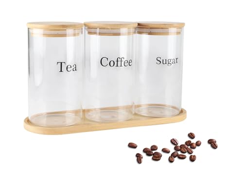 Xbopetda Juego de botes de té, café y azúcar, tarros de vidrio con tapas, herméticos para té, café, azúcar con bandeja de madera, contenedor de almacenamiento de alimentos para organización y
