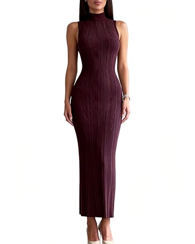 Mettclasi Women's Spring Fall Mock Neck Sleeveless Knit Maxi Dress Elegant Sexy Ribbed Slim Fit Bodycon Party Sweater Dress - Plum, Medium