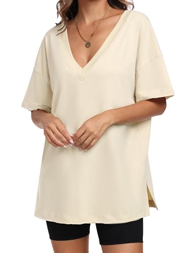 ANRABESS Women's Oversized T-Shirt Short Sleeve V Neck Loose Baggy Reversible Tops Casual Tee Shirts Summer Outfits 2025 Cream Yellow XX-Large