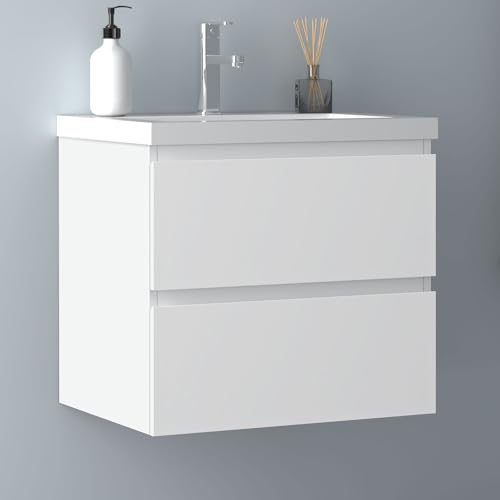 Biubiubath Badezimmermöbel 60cm Dickes Keramik Waschtisch mit Unterschrank Badmöbel Set Badezimmerschränke mit 2 Soft-Close Schubladen Weiß Matt