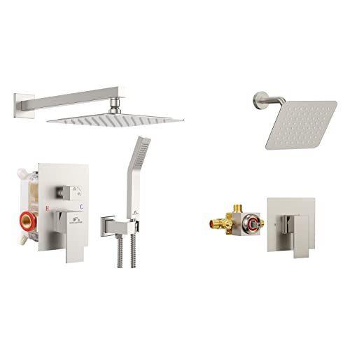 Brushed Nickel Rain Shower Faucet Complete Set With 10 Inches Wall Mounted Shower Head And Single Handle Shower Trim Kit #TOP22