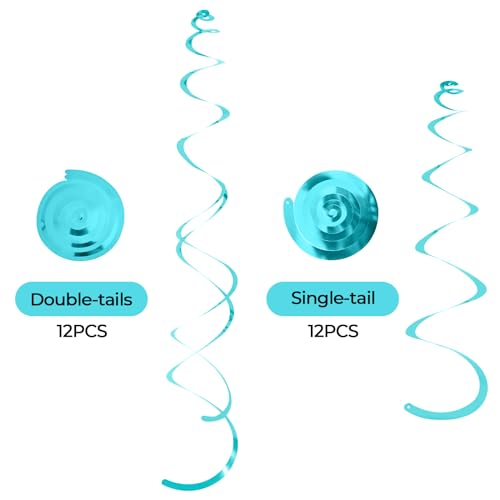 Image of 24 PCS Teal Hanging Swirl, Sparkle Ceiling Hanging Decorations, Plastic Streamer Party Decorations with Double-Swirls and Single-Swirls for Birthday Decorations, Graduation, Easter, Baby Shower