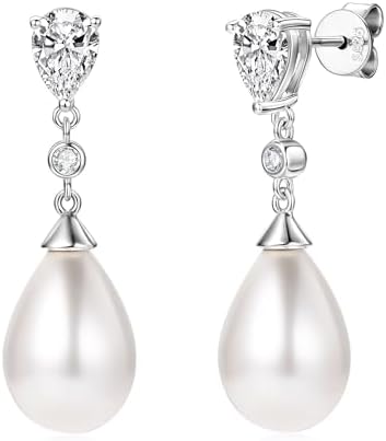 925 Sterling Silver Pearl Drop Earrings for Women, June Birthston...