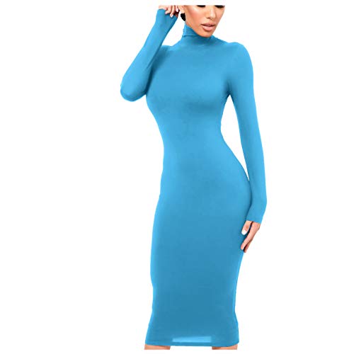 Preisvergleich Produktbild KIMODO Damen Strickkleid Pulloverkleid Elegant Langarm Pullover Minikleid Langarm Einfarbiges Gestrickt Knopf Schlankes Sweater Freizeitkleider Pullikleid Strickpullover Kleid (E-Blau, M)
