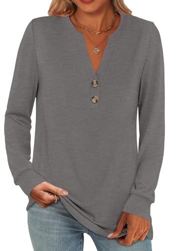 ANRABESS Women's Long Sleeve Shirts 2026 Spring Fashion Dressy Casual Tops Trendy Henley Blouses Cute Work Outfits Clothes Light Taupe Small