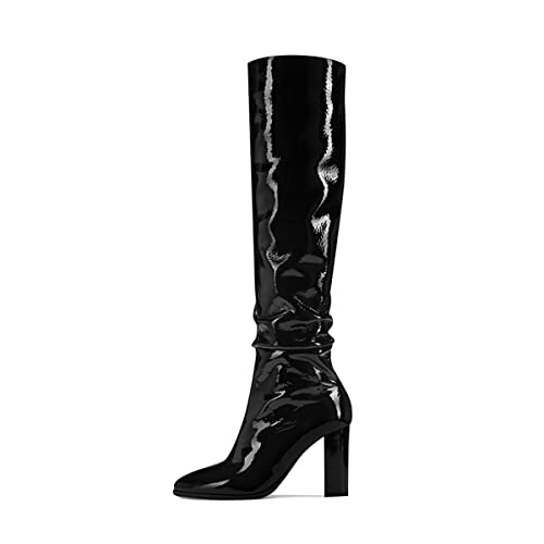 XYD Women Winter Pointed Toe Knee High Boot Patent Leather Closed Toe Thick High Heels Pull On Glossy Boots Fashion Warm Glitter Dress Shoes2