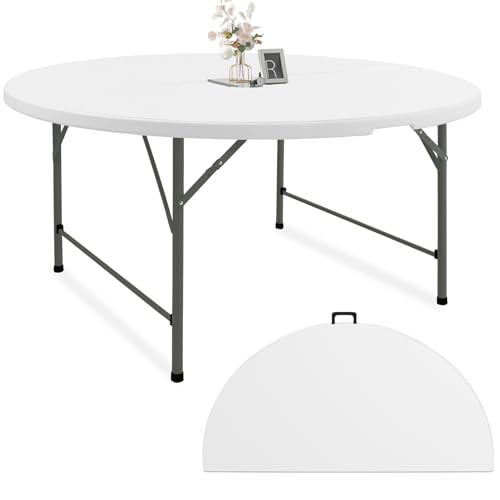 Fivenl 5 FT Round Folding Tables White Foldable Table, Fold-in-Half with Carrying Handle Portable Plastic Table for Party, Dining, Wedding, Camping, Picnic, Indoor Outdoor Events
