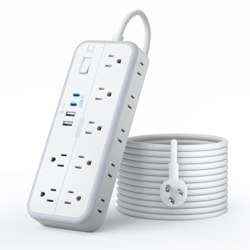 15 FT Long Extension Cord with Multiple Outlets, NTONPOWER 14 Outlets and 4 USB Ports (2 USB C), 1875W 15A, 14 Gauge 3 Prong, 2700J Surge Protector Power Strip, Mountable for Home Office, White