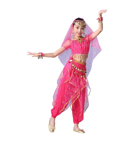 OTMYIGO 5-Piece Girls Bollywood Indian Princess Belly Dance Dress Halloween Wear Carnival Sets,Pink,S