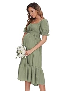 KOJOOIN Damen Umstandskleid Kurzarm Schwangerschaftskleid Midi Hohe Taille Stillkleid Mit Rüschen Armeegrün(Kurzarm)-New L