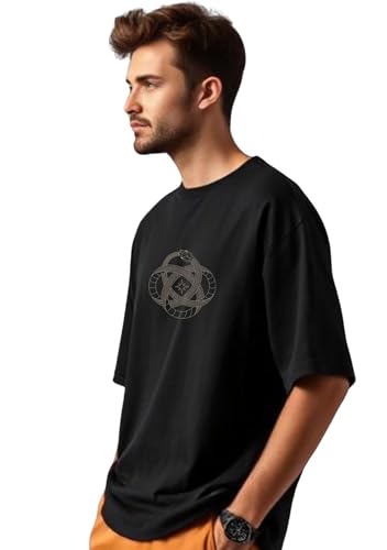 Image of URGEAR Oversized Black T-Shirt, Half Sleeve, Casual Fit, Geometric Snake Print
