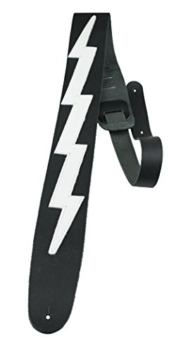 Perri's Leathers BLB-218 Leather Guitar Strap (Lightning Bolt) 44.5 to 53 Adjustable Length, 2.5u0094 Inch Wide, Straps Fit Acoustic, Bass and Electric Guitars,BLACK W/WHITE LIGHTNING BOLT