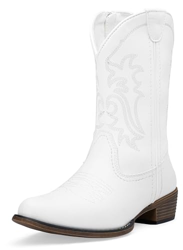 Jeossy Women's White Cowboy Boots, Western Cowgirl Mid-Calf Pull on Round Toe Embroidered Country 9806 Boots with Zipper Size 6 (DJY9806 white 06)