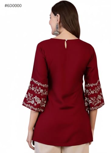 Image of MAHIRA'S Women's Short Kurti, Black Rayon Tunic Top with Embroidered Sleeves, 3 /4 Designer Sleeves