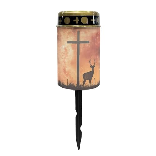 Image of Poceacles Cross Solar Powered Flameless Candle Cemetery Votive Lights, Waterproof Memorial Stake Lights for Outdoor Home Decoration, Deer Cross Galaxy Orange