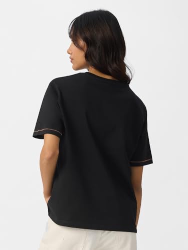 Image of The Souled Store Space Girl Women and Girls Short Sleeves Round Neck Black Graphic Printed Cotton Relaxed Fit T-Shirts
