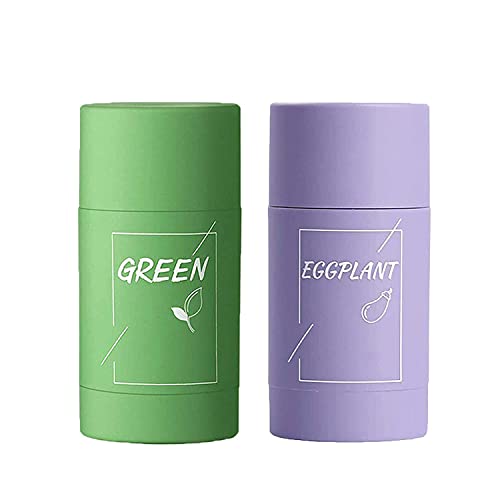 2 Pcs Green Tea and Egg Plant Purifying Clay Stick Mask Oil Control Anti-Acne Eggplant Solid Fine, Moisturizes and Controls The Oil, Acne Clearing, Blackhead Remover, Improves Texture of The Skin