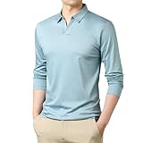 EDSNHG Spring Autumn Soft Cotton Collar Long Sleeve Polo-Shirt Sky Blue