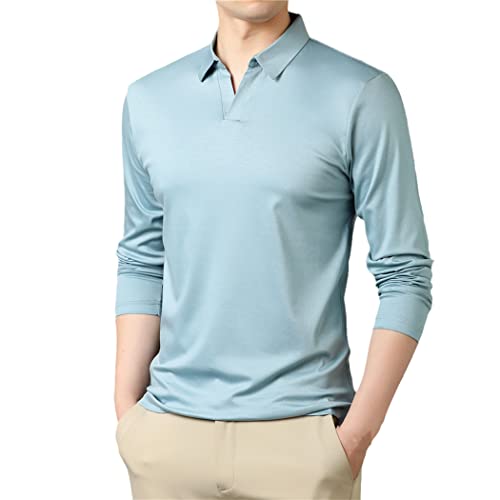 Edsnhg Spring Autumn Soft Cotton Collar Long Sleeve Polo-Shirt Sky Blue #TOP2