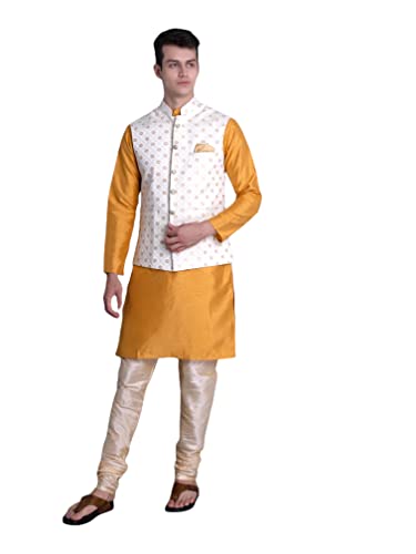 Image of Uri and MacKenzie Men's Silk Blend Regular Kurta Churidar Pyjama with Bundi Nehru Jacket /Waistcoat