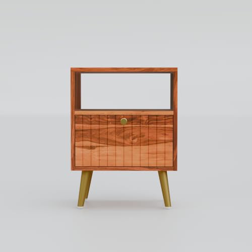 Image of Solid Sheesham Wood Bedside Table with Storage Cabinet & Open Shelf | Wooden Nightstand with Fluted Door, Gold Finish Metal Legs & Brass Knob (Honey Finish)