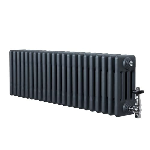 Radiador Horizontal 4 Columnas Gris Antracita 300x1010 mm con Válvulas Termostáticas – Radiador Tradicional de Acero, 1114W, Calefacción Eficiente | Incluye Soportes, Kit y Cepillo – Garantía 15 Años