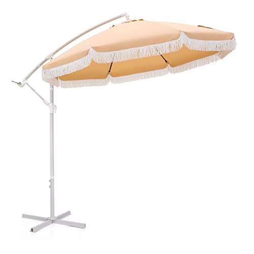 Mfstudio 9Ft Offset Patio Umbrellas With Fringe, Outdoor Tassel Fiberglass Ribs Hanging Cantilever Umbrella For Garden Deck Backyard Table Pool, Beige #TOP22