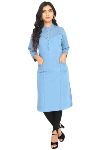 Image of Denim Kurta for Women Stylish | Women Kurtas | with 3 /4 Sleeves | Mandarin Neck | A-line Kurta