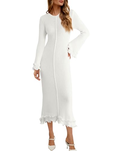 Saodimallsu Womens Bell Long Sleeve Knit Dress Ruffle Bodycon Ribbed
