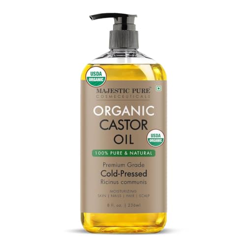Aceite de ricino orgánico Majestic Pure USDA de 236 ml líquidas - 100% puro y natural - Prensado en frío y sin hexano. Aceite natural para el crecimiento del cabello para pestañas, cejas, piel, cuer