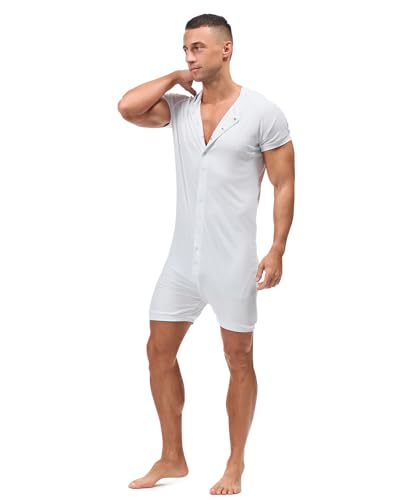 HEAVYWOOD Mens Romper Short Sleeve Onesie Jumpsuit Pajamas Henley Stretchy Silk One Piece Garment Sleepwear2