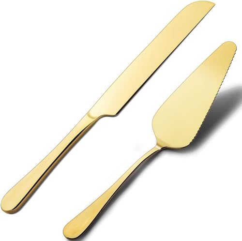 Golden Wedding Cake Knife and Server Set, Exquisite Cake Knife and Pie Server Stainless Steel Wedding Cake Cutter and Server Set for Weddings, Birthdays and Special Occasions