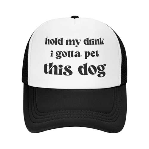 Hold My Drink I Gotta Pet This Dog Hat - Black Pet Lover Trucker Cap - Dog Park Humor Gift - Adjustable Breathable Mesh Snapback - Dogs Owner Accessories