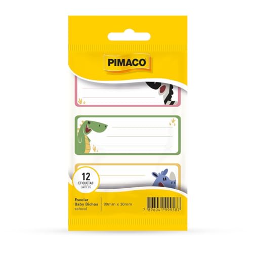 Etiqueta Escolar, Pimaco, Baby Bichos, 80 mm x 30 mm, 4 Folhas, Cartela com 3
