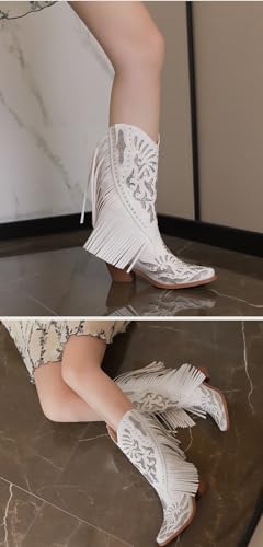 Geerta Fringe Cowboy Boots for Women Mid Calf Western Boots Embroidery Cowgirl Pull-On Pointy Toe & Wide - Plus Size Retro Comfortable Walking Standing All Day Trending Fashion Lightweight Running3