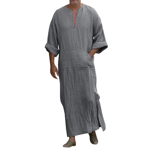 Muslim Robe Kaftan for Men Long Sleeve Solid V Neck Shirts Linen Kaftan Muslim Long Gown Side Split Ethnic Thobe Robe