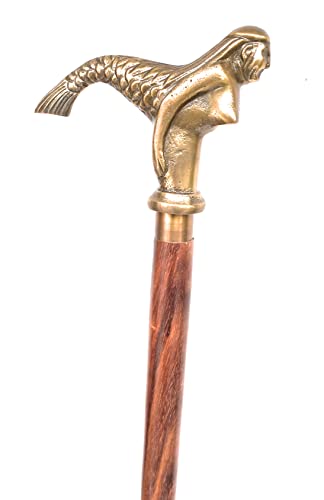 Handmade Walking Stick Brass Handle Wooden Cane 36" Rosewood Stylish Derby Gift Idea Grand Father Mother In Law Grandpa Grandma Gifts (Mermaid Antique) #TOP7