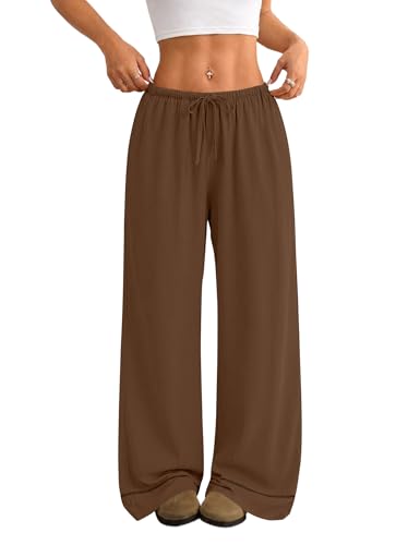LOMON LOMON Women's Linen Blend Wide Leg Pants, Drawstring Waist with Pockets