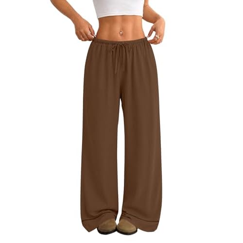 LOMON Women's Linen Pants Boho Wide Leg Summer Flowy Elastic Pants Lightweight Beach Vacation Outfits Pants with Pockets