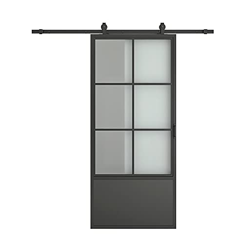 Image of 42 in. x 84 in. 3 /4 Lites Frosted Glass Black Steel Frame Interior Barn Door with Sliding Hardware Kit and Door Handle