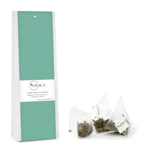 Novecento Tè® | Thé vert Sencha et amandes - 15 filtres pyramidaux | Sencha Vert Amande Caramel Gingembre | Mélange d'épices au thé vert et aux amandes