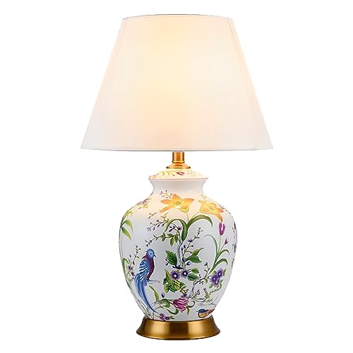PURESILKS 22.44' Flower and Bird Ceramic Table Lamp - White Chinoiserie Lamp for Bedroom, Living Room, Family Room