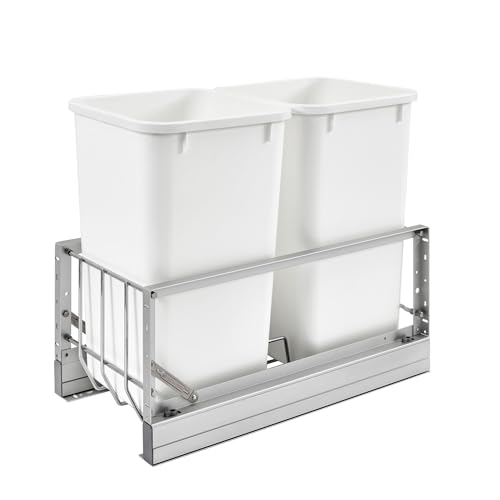 Rev-A-Shelf 27 Qt Aluminum Bottom Mount Double Pullout Waste Container w/Soft-Close for Base Kitchen Cabinets, Min Opening Width of 12", Silver & White, 5349-1527DM-2