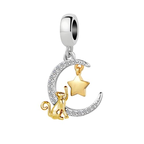 ZakiaHo Abalorio de estrella de gato negro con texto en inglés 'I Love You to the Moon And Back' para pulseras, regalos de cumpleaños para mujeres, compatibles con pulseras Pandora, Cobre, No es una
