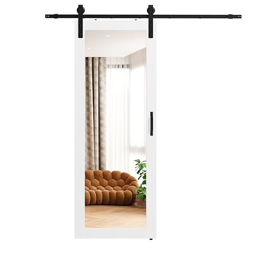 SOLRIG Mirror Barn Door 32in x 84in, 1 Lites Mirrored Slding Barn Door with 6FT Sliding Hardware Kit Set, Pre-drilled Finished Door Slab, Decorative Full Length Mirror Insert, MDF, White