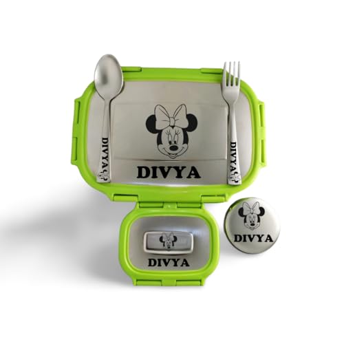 Image of ncgifts Personalized Lunch Box | Customized Tiffin Box | Personalized Stainless Steel Tiffin Box | Your Child's Name and Favourite Character Engraved | for Scholl Students and Gifting (Parrot Green)